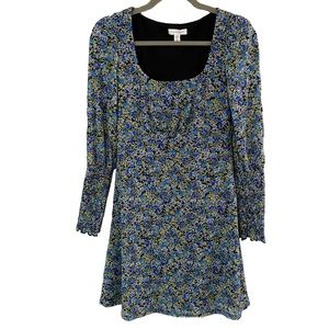 Topshop Blue‎ Ditzy Floral Jersey Printed Long Sleeve Mini Dress Size 6